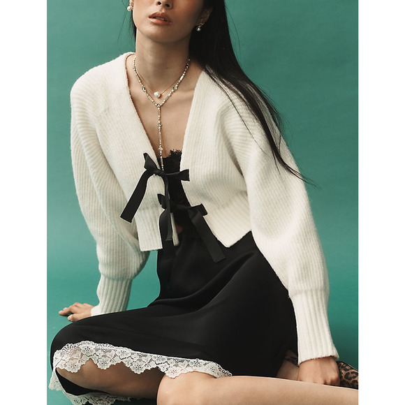 Anthropologie 'Rhea' White Nylon Bow-Front Crop Cardigan Sweater Size XXS - Picture 1 of 4